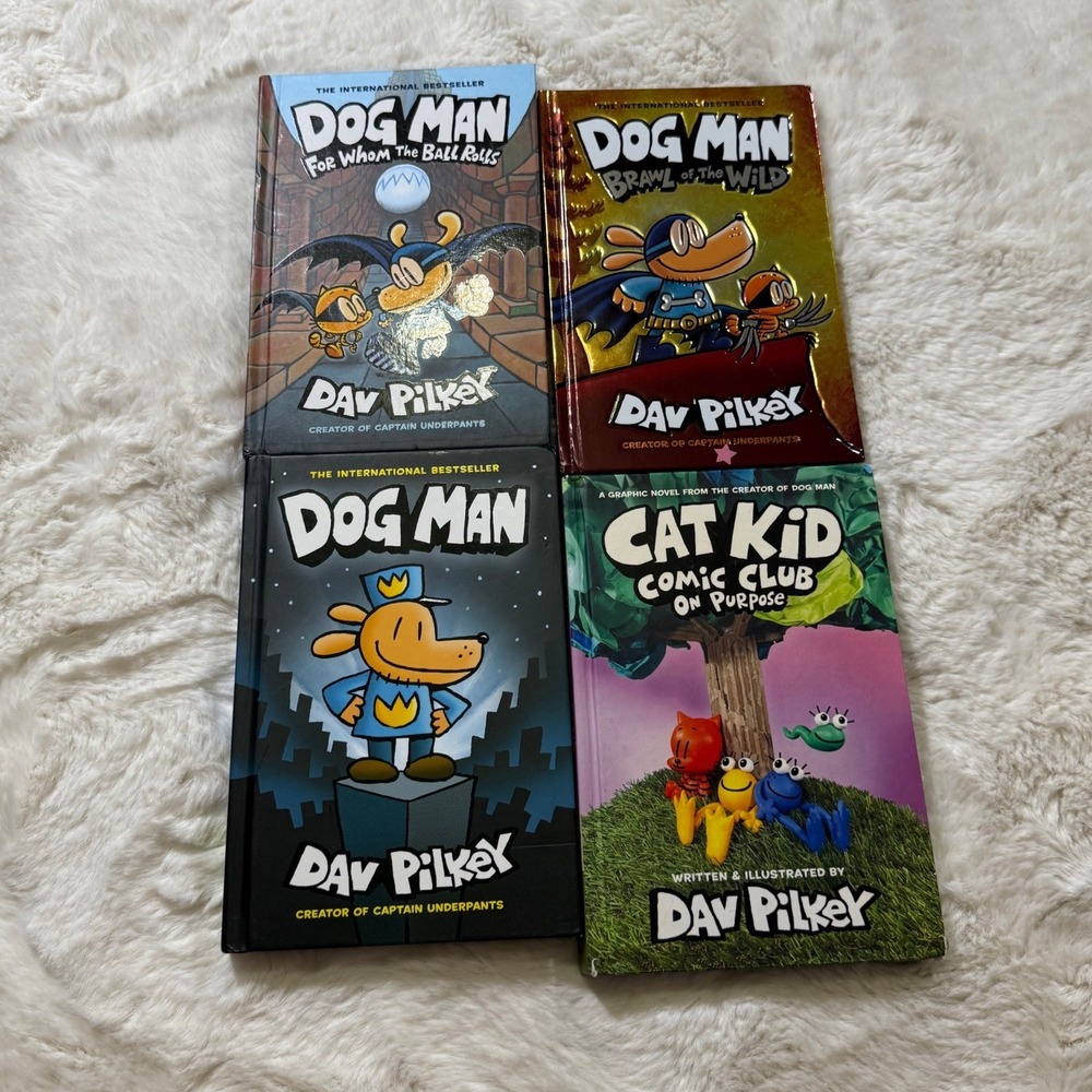 LOT OF 4 Dav Pilkey Dog Man Cat Kid Hardcover Graphic Novels Scholastic Kids